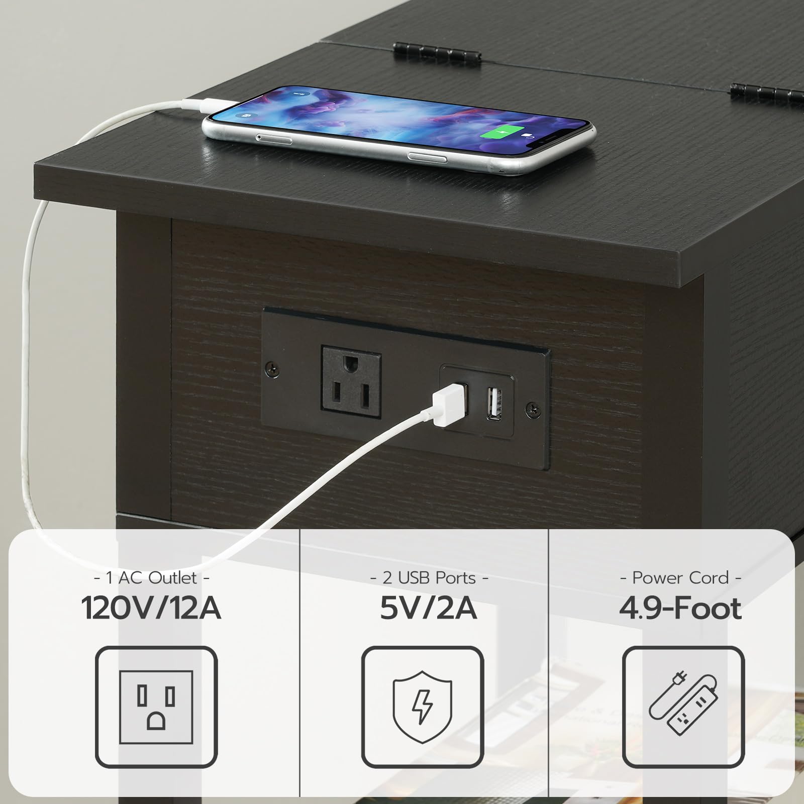 HOOBRO End Table with Charging Station, Flip Top Side Table with USB Ports, Narrow Nightstand Bedside Tables with Storage Shelves, for Small Space, Living Room, Black BK141UBZ01