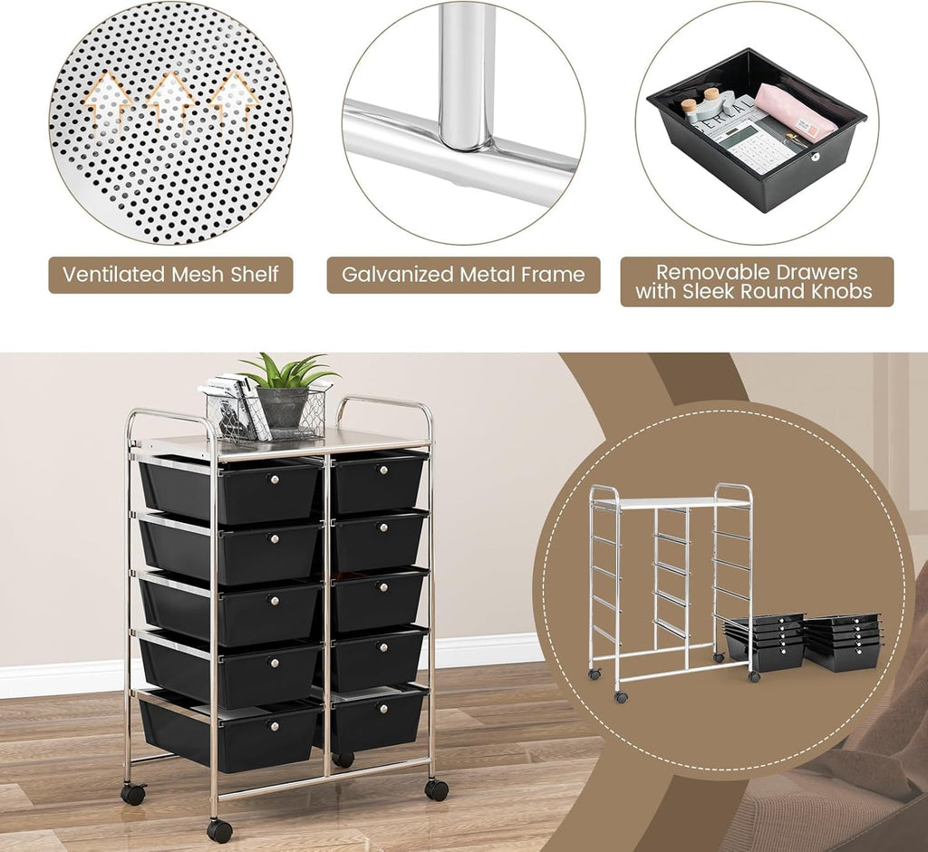 LDAILY 9 Drawer Rolling Storage Cart, Rolling Cart with Drawers for Classroom, Art Supply Craft Organizer on Wheel with Metal Frame & Handles for Home Office School