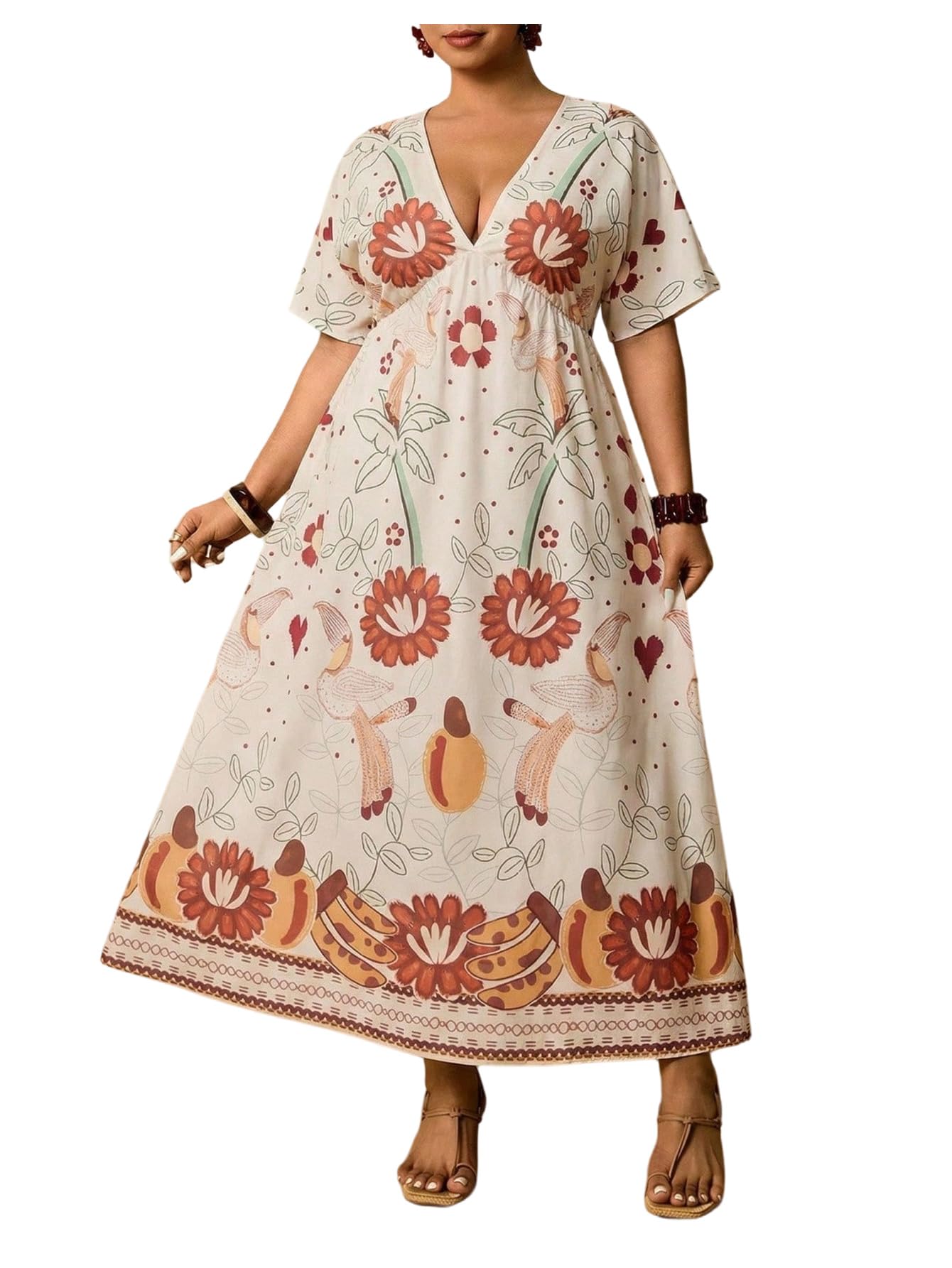 Floerns Women's Plus Size Boho Hawaiian Tropical Dresses V Neck Short Sleeve Floral A Line Long Dress Vacation Beach Outfits