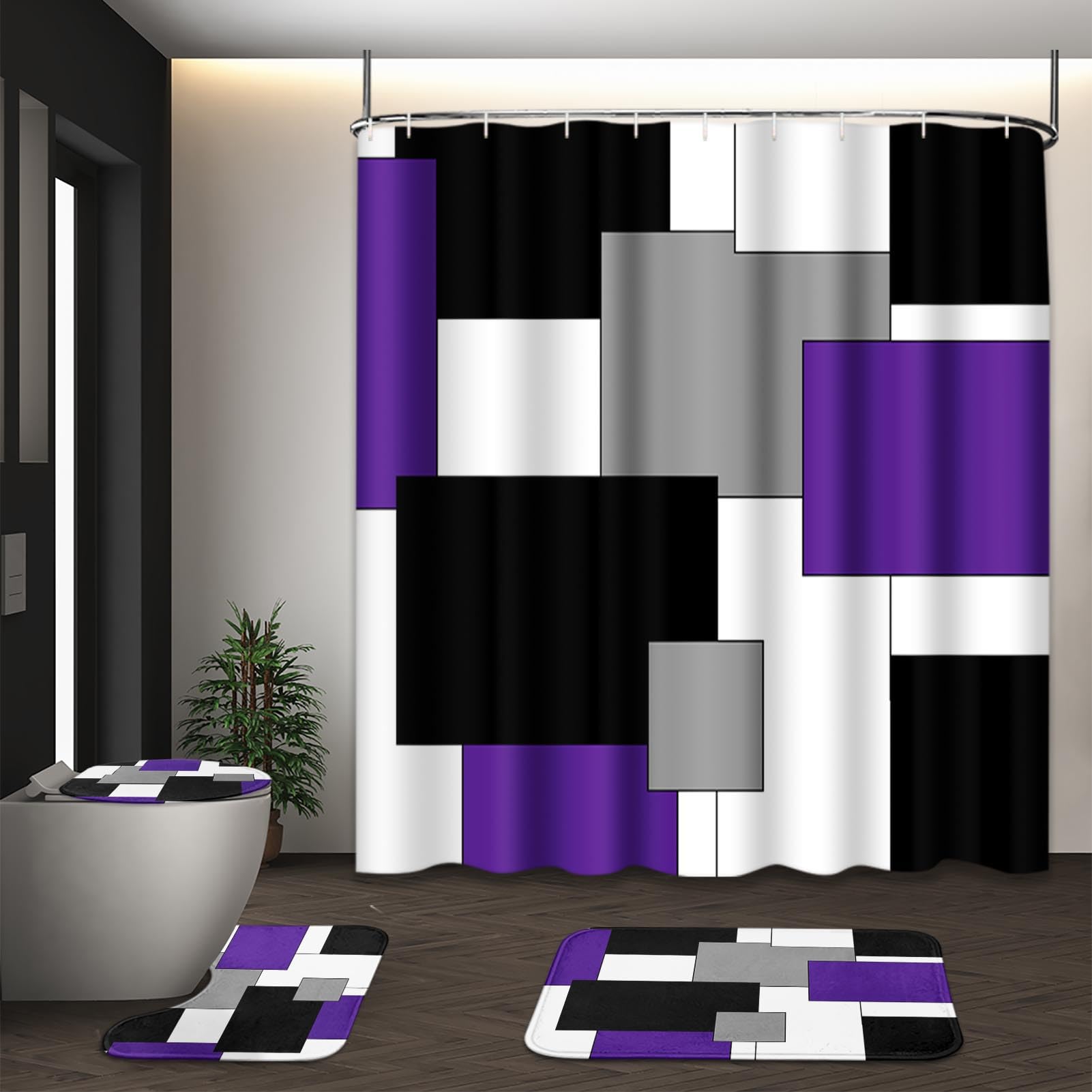 Beige Geometric Shower Curtain Set with Toilet Lid Cover and Non-Slip Rugs for Bathroom, Black Grey White Checkered 4 Pcs Shower Curtain, Modern Abstract Bathroom Set with 12 Hooks