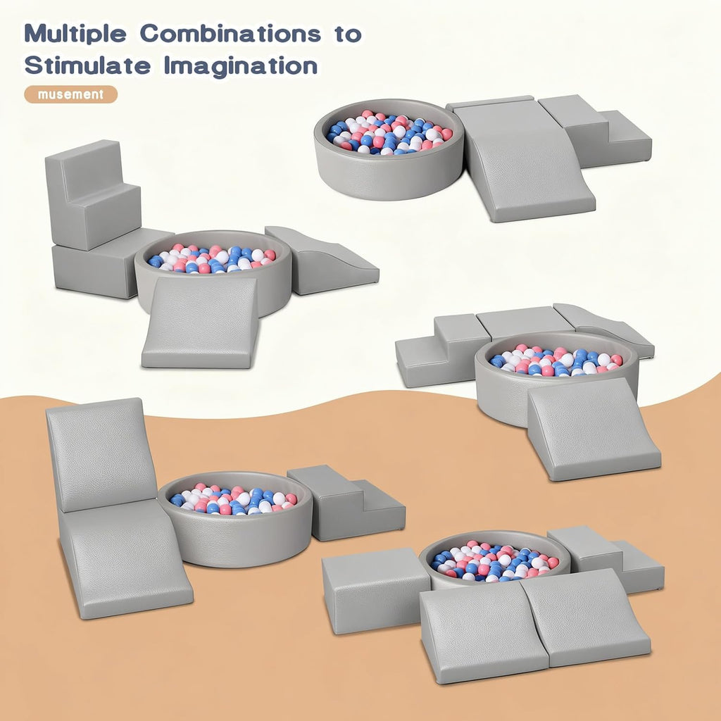 Foam Climbing Blocks for Toddler: with 4-Piece PU Leather Climbing Toys and a Ball Pit - Foam Ball Pit for Toddlers - Climbing Toys Indoor for Kids Crawling (Beige/Ivory Climbing Blocks)