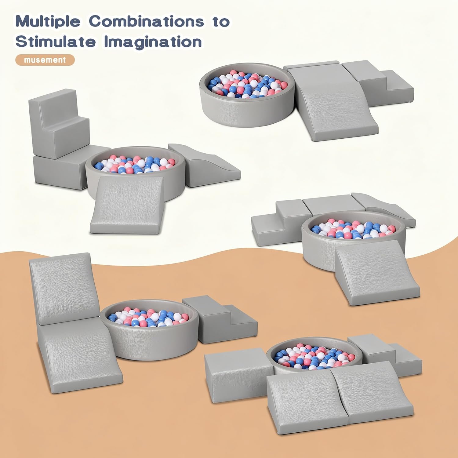 Foam Climbing Blocks for Toddler: with 4-Piece PU Leather Climbing Toys and a Ball Pit - Foam Ball Pit for Toddlers - Climbing Toys Indoor for Kids Crawling (Beige/Ivory Climbing Blocks)