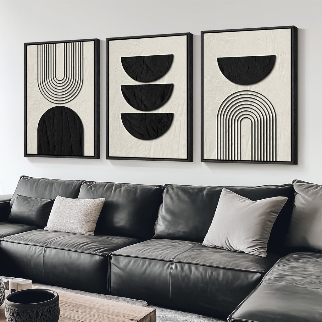 Framed Black and White Modern Abstract Wall Art, 3 Piece Canvas Prints Paintings Artwork for Walls, Minimalist Black White Grey Pictures for Living Room Dining Room Bedroom Office Wall Decor 16x24 In