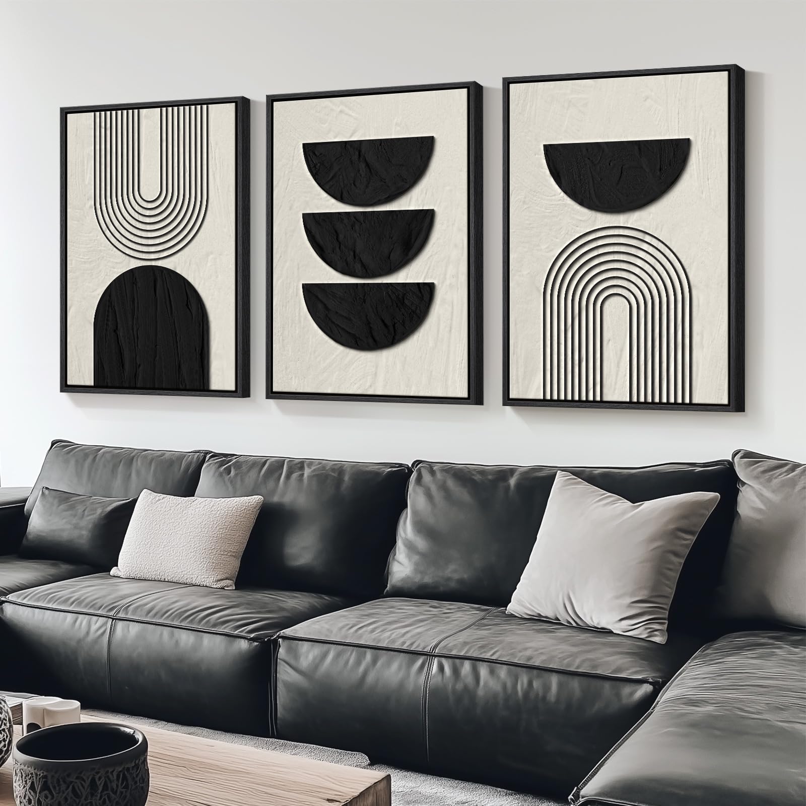 Framed Black and White Modern Abstract Wall Art, 3 Piece Canvas Prints Paintings Artwork for Walls, Minimalist Black White Grey Pictures for Living Room Dining Room Bedroom Office Wall Decor 16x24 In