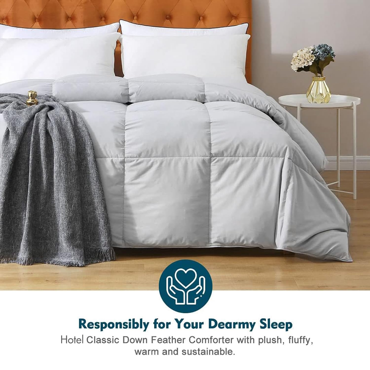 Gray Feathers Down Comforter Twin - 100% Organic Cotton, Medium Warm All Seasons Machine Washable Duvet Insert with Tabs (68x90, Mirage Grey)