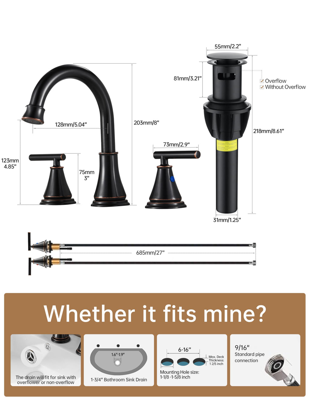 Fransiton Widespread Bathroom Sink Faucet 3 Hole, Brushed Gold Bathroom Faucet with Metal Pop-Up Drain, 2 Handle for 6-16" RV Vanity Sink