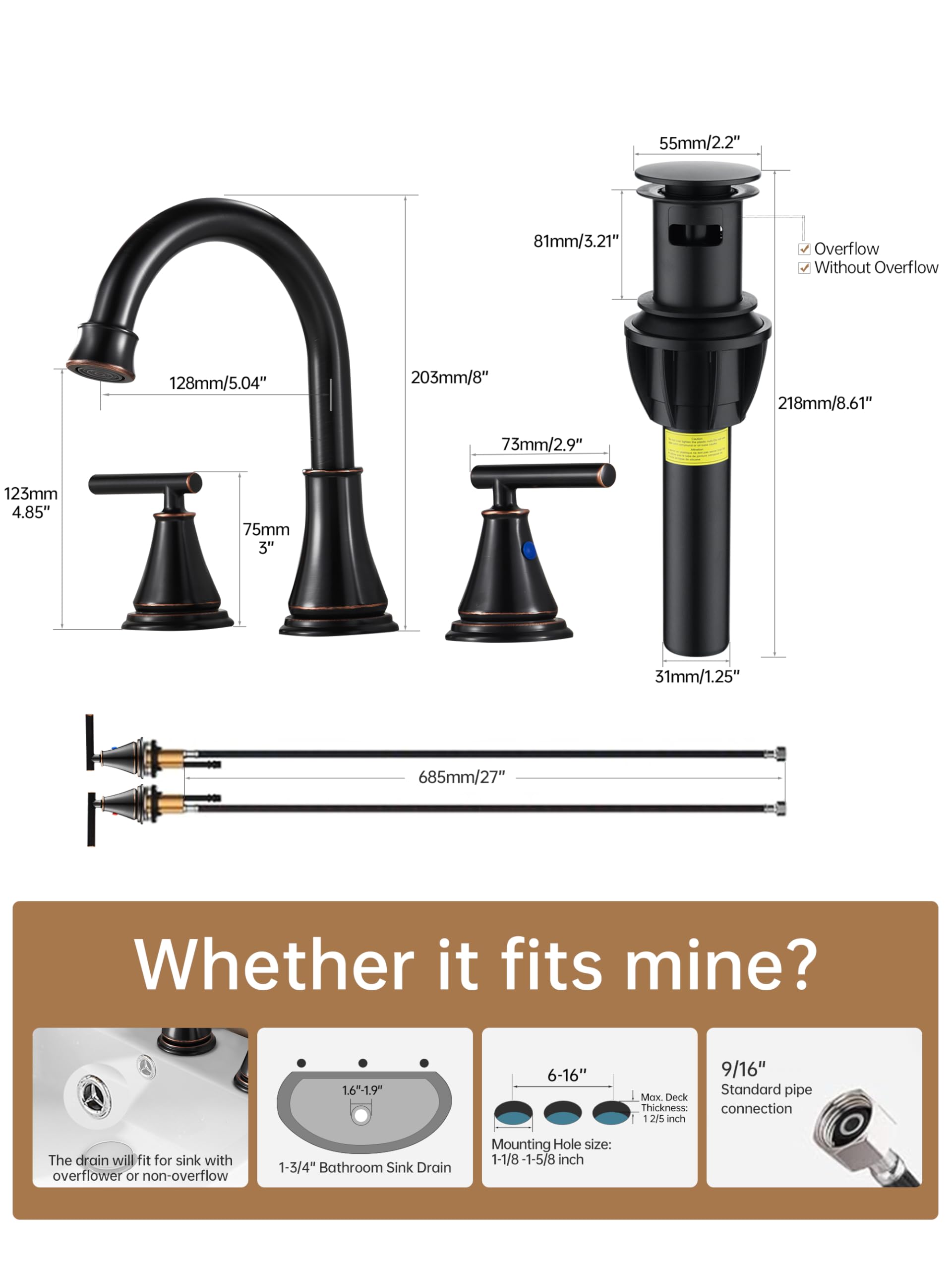 Fransiton Widespread Bathroom Sink Faucet 3 Hole, Brushed Gold Bathroom Faucet with Metal Pop-Up Drain, 2 Handle for 6-16" RV Vanity Sink