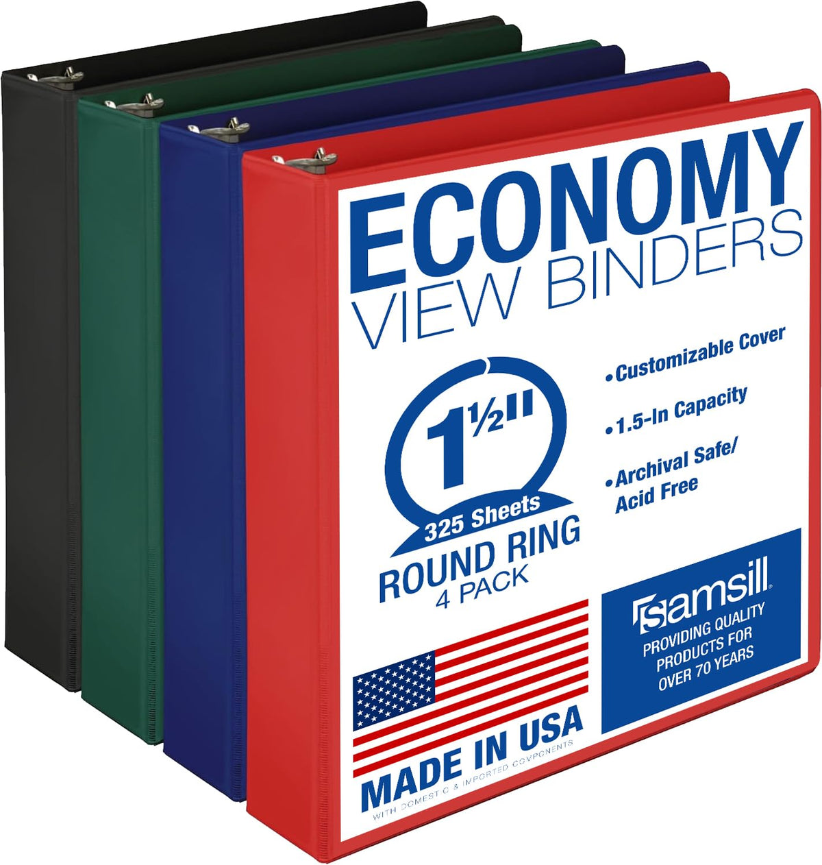 Samsill 1 Inch 3 Ring Binders, Economy Round Ring, Clear View Cover, 200 Sheet Capacity - for School, Home, Office - Blue, 4 Pack