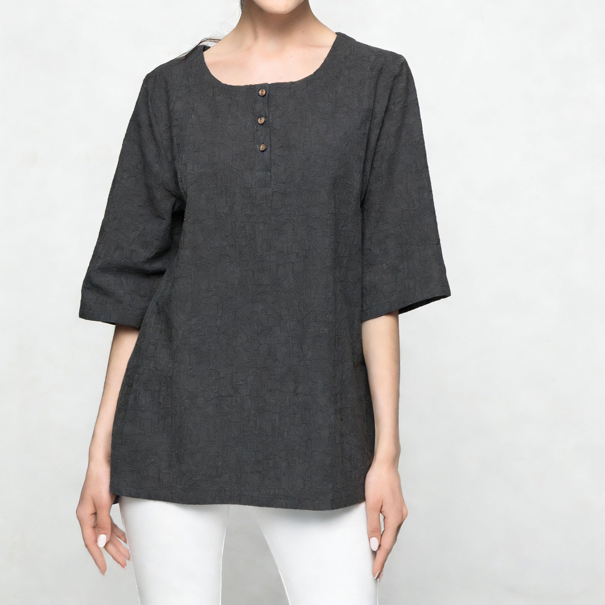 Minibee Women's 3/4 Sleeve Cotton Linen Jacquard Blouses Top T-Shirt