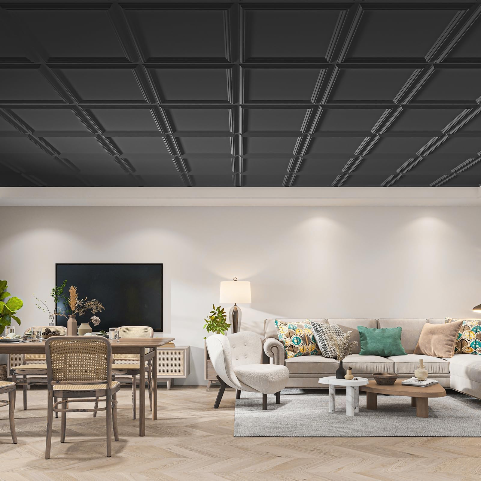 Art3d Drop Ceiling Tiles 24x24in. (12-Pack, 48 Sq.ft), Wainscoting Panels Glue Up 2ft x 2ft for Interior Décor in Living Room, Bedroom & Office, Star Black