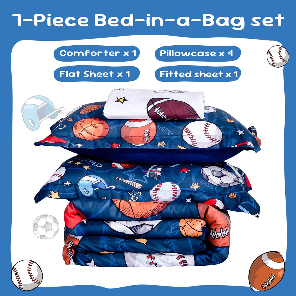 Wajade 7 Piece Blue Bow Comforter Set for Girls Kids Twin Size Bedding Set with Sheet and 2 Pillowcases 2 Pillow Shams Cute Girls Bed in a Bag as Birthday Choice