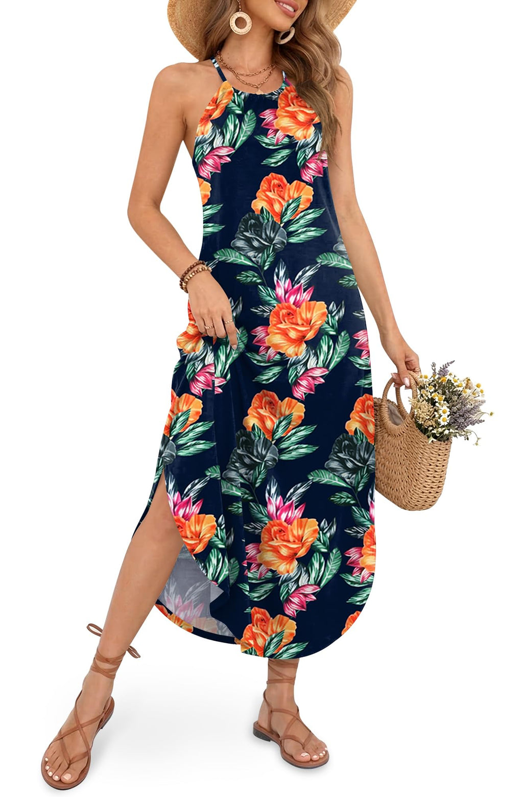 For G and PL Women's Summer Casual Halter Side Slit Maxi Beach Dress Resort Vacation Cruise Wear Sundress