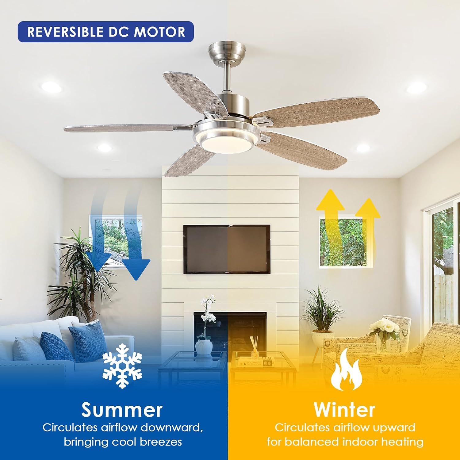 Hounberi Ceiling Fans with Lights,50“ Modern Nickel Ceiling Fan and Remote/APP Control,5 Dual Finish Blades Dimmable 3-Color LED Fandelier for Indoor Dinning room,Bedroom