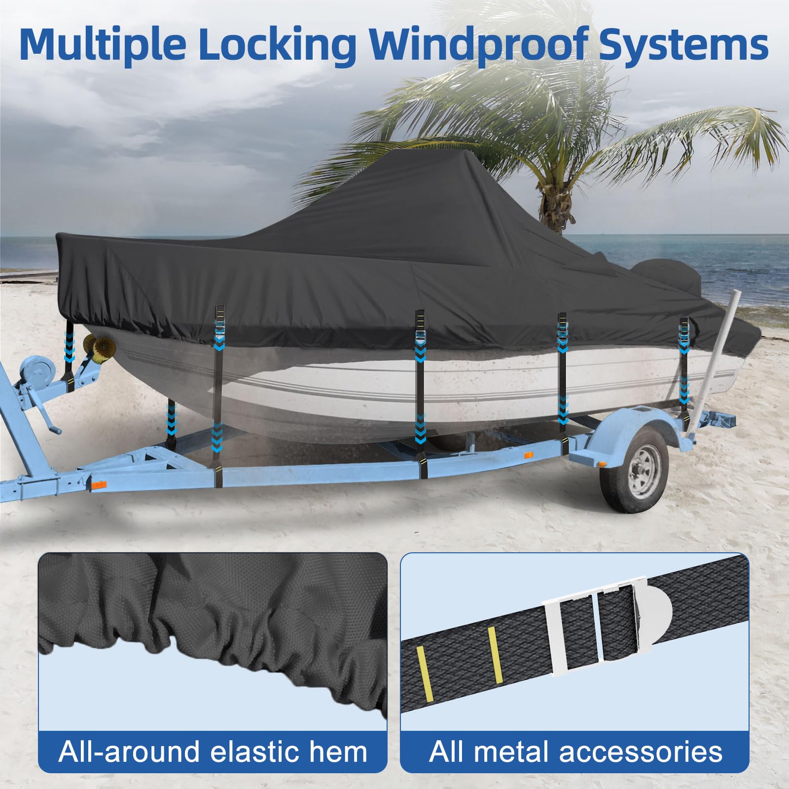 Center Console Boat Cover, 900D Heavy Duty Boat Center Console Cover, Waterproof Boat Covers 16-18.5 FT with Motor Cover and Metal Windproof Adjustable Buckle, Black