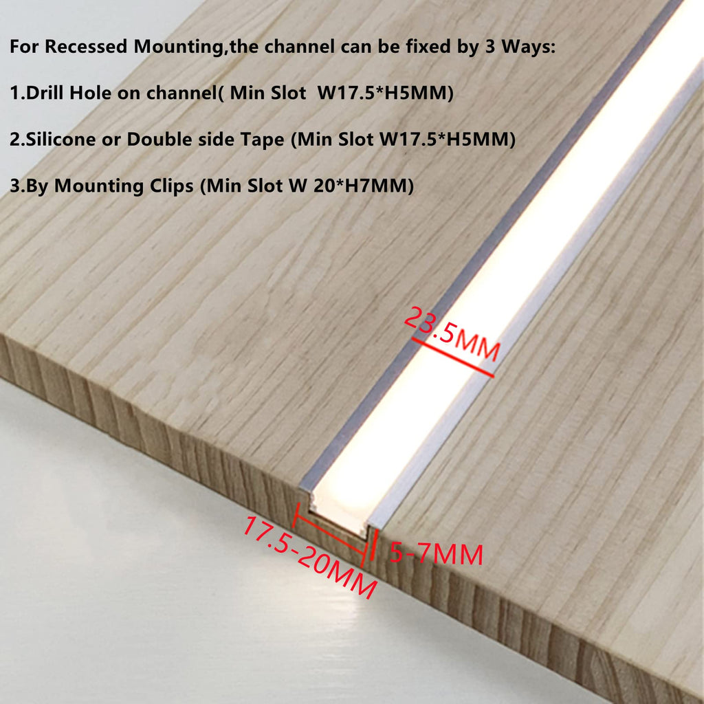 THMOOTHER Recessed LED Strip Channel Diffuser 10-Pack 6.56FT,23.5X7MM LED Tape Aluminum Track with Flange,Flush Mounted Wardrobe Bookcase Wine Cabinet Wooden Furniture Groove Integrated Low Profile