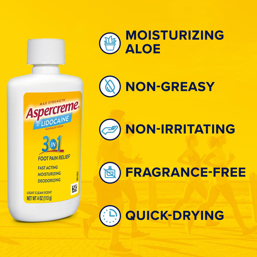 Aspercreme Lidocaine Foot Pain Relief Cream Soothes Aggravated Nerves & Moisturizes Dry Feet, Numbing Topical Analgesic with Max-Strength Lidocaine & Moisturizing Aloe, 4 Oz.