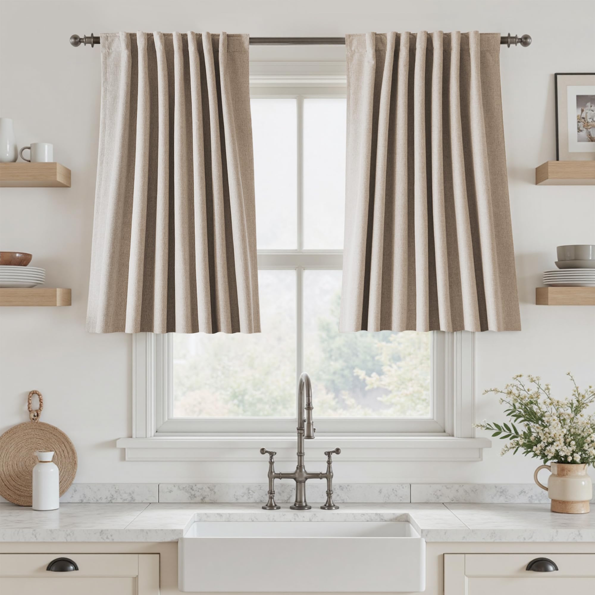 UHITECH Short Linen Curtains 24 Inch Long for Farmhouse Small Windows Modern Cafe Sytle Blackout Curtains for Living Room Back Tab Thermal Black Out Drapes 2ft