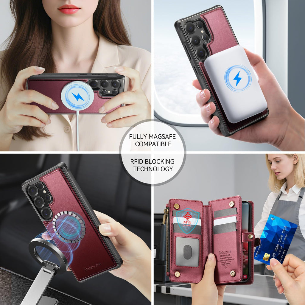 Defencase for Samsung Galaxy S25 Ultra Magnetic Wallet Case Compatible with Magsafe with RFID Blocking Zipper & Card Holder Women, PU Leather Detachable Phone Case for Galaxy S25 Ultra 6.9", Black