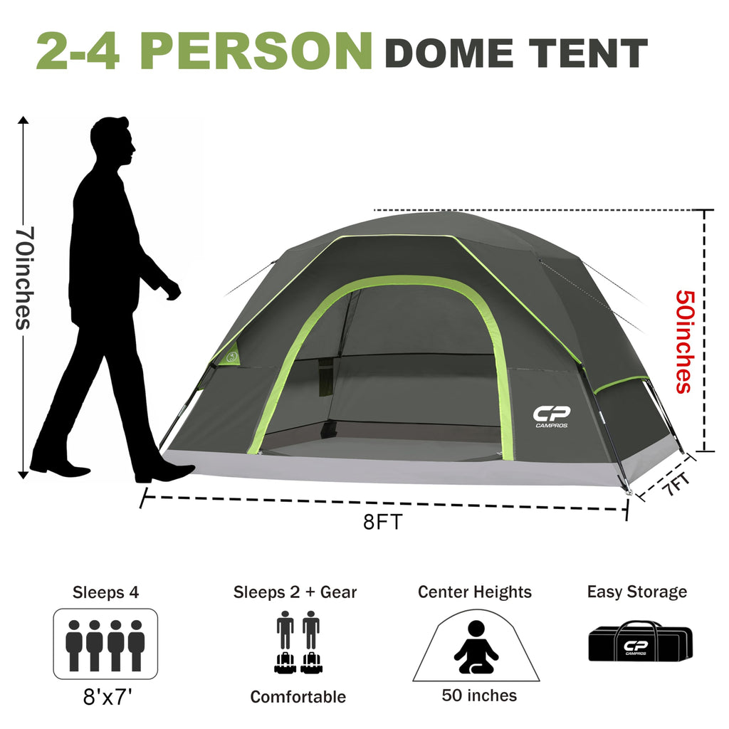 CAMPROS CP Camping Tent 2/4/6 Person, Waterproof Windproof Double Layer Dome Tent, Easy Setup with Large Mesh Windows & Wide Door for Outdoor Camping Backyard