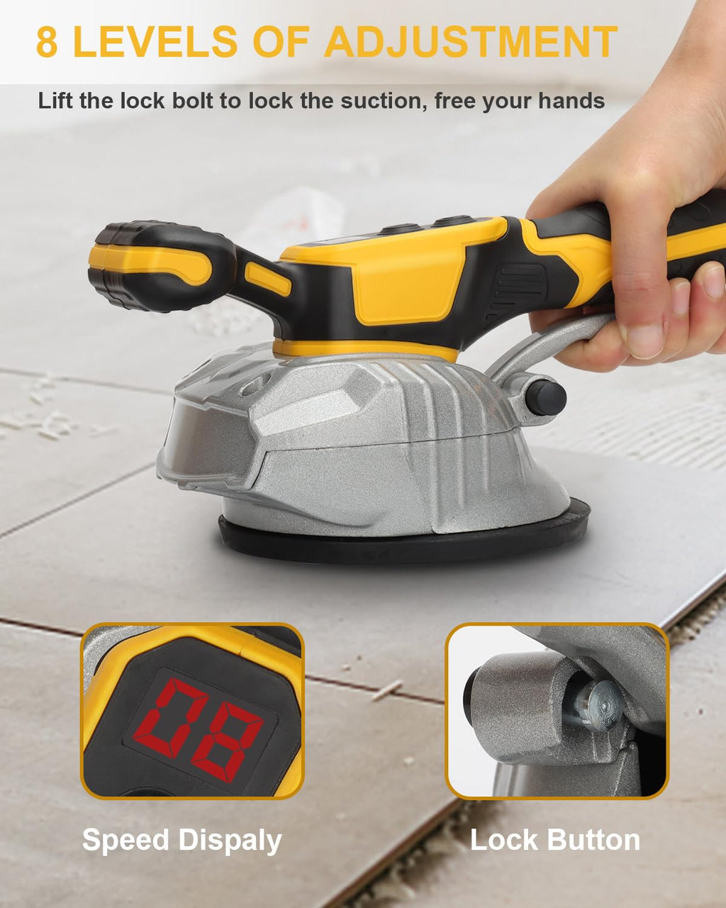 Tile Vibration Leveling Machine Compatible with Milwa-ukee 18V Battery, Cordless Tile Vibration Machine Installation Tool 150W Tiler Vibrator Tool with 8 Speed Suction Cup Digital Display (No battery)