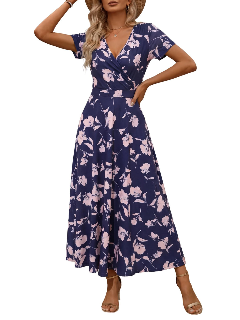 HUHOT Women's Short Sleeve Wrap V Neck Dresses for Wedding Guest Summer Floral Maxi Sundresses with Pockets Boho Dress