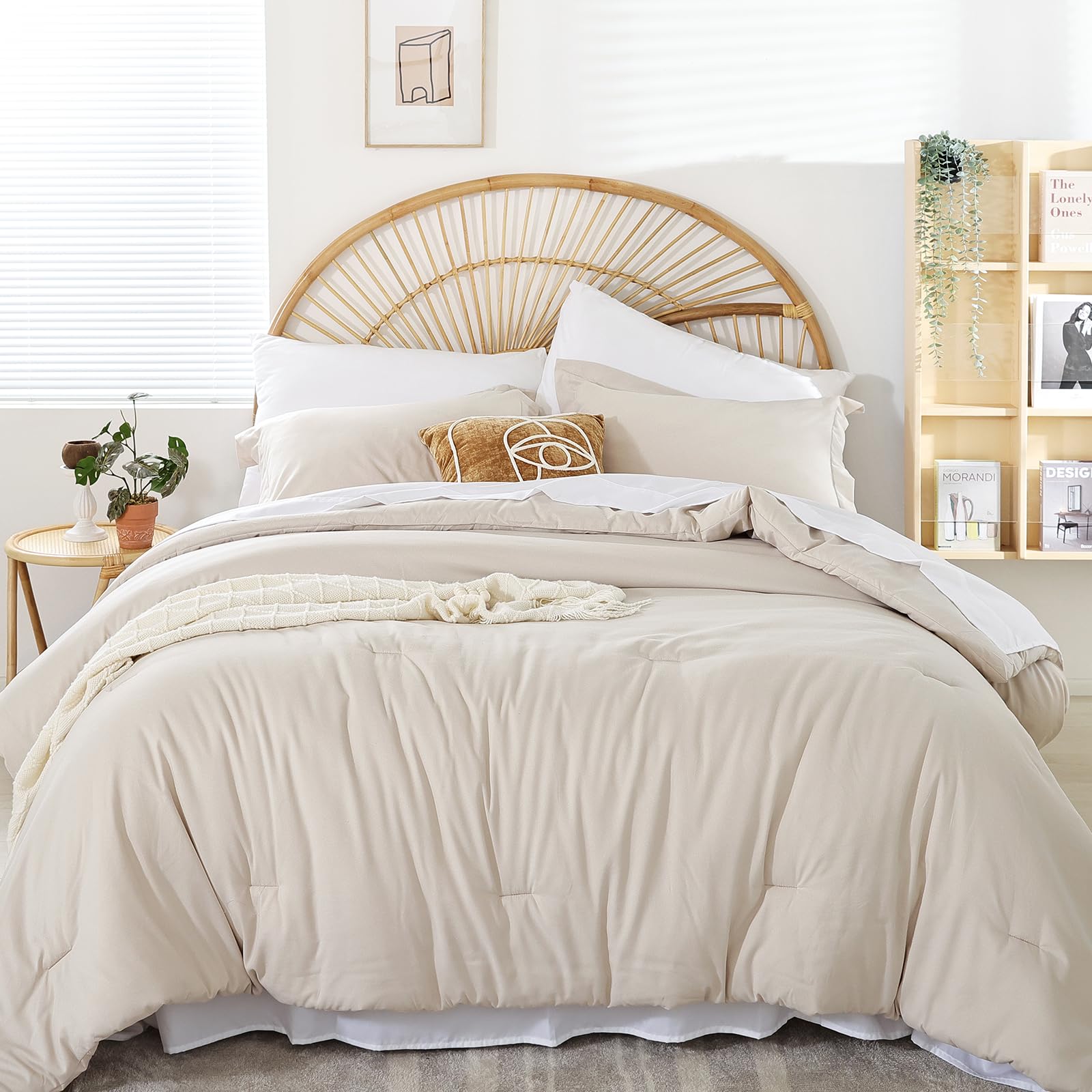 weigelia Twin Comforter Set 5 Pieces Beige Bed in A Bag Soft Queen Bedding Set Lightweight Comforter Set for Women and Men（Comforters, Flat & Fitted Sheets, Pillowcases & Shams）