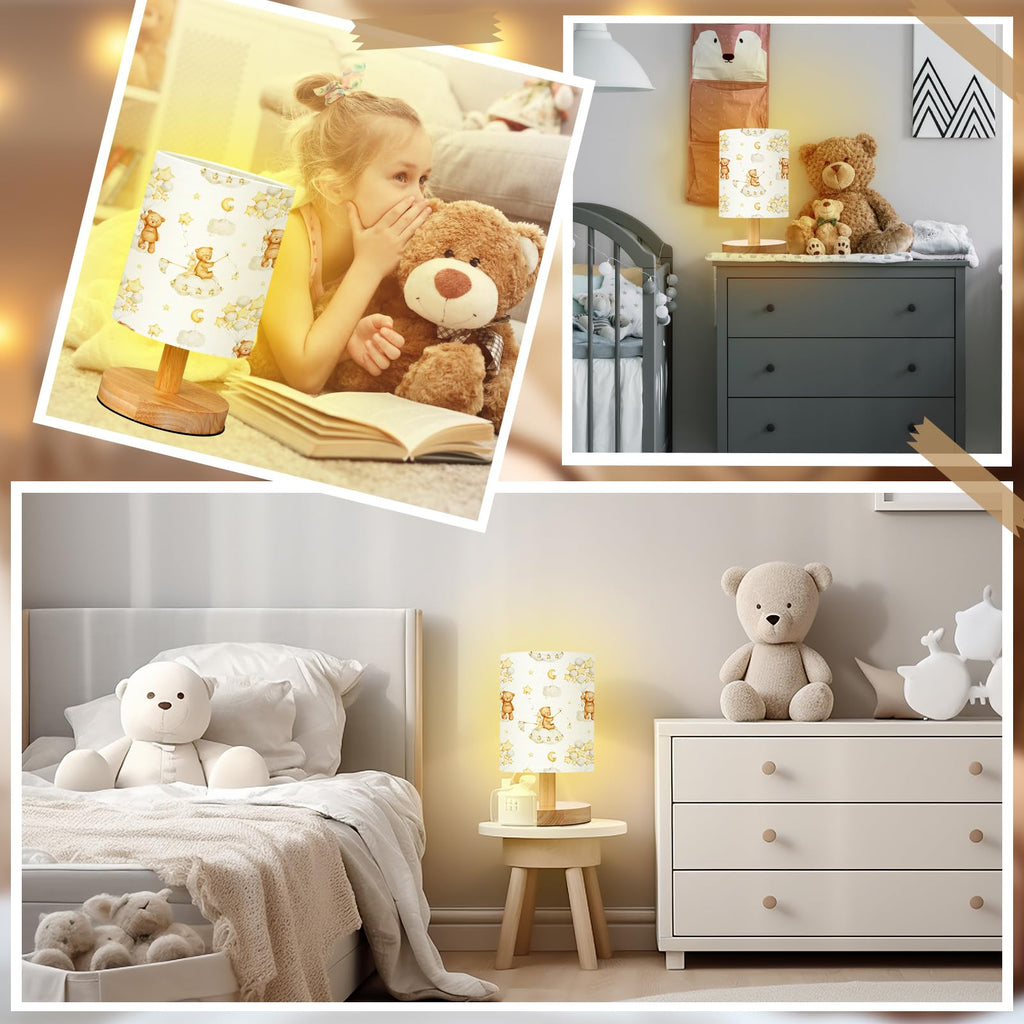 VIHOSE Woodland Animals Kids Table Lamp for Bedroom Kids Bedside Lamp with Linen Wooden Nightstand Cartoon Nursery Lampshade for Girls Boys Living Room