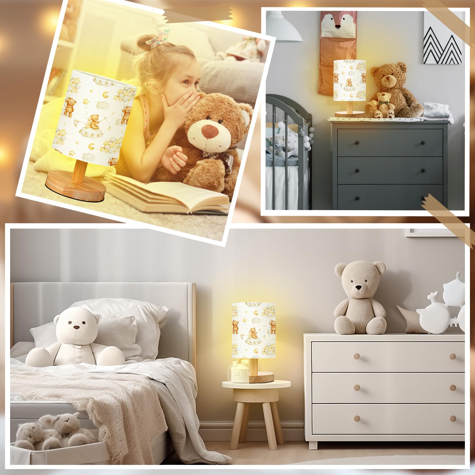 VIHOSE Woodland Animals Kids Table Lamp for Bedroom Kids Bedside Lamp with Linen Wooden Nightstand Cartoon Nursery Lampshade for Girls Boys Living Room