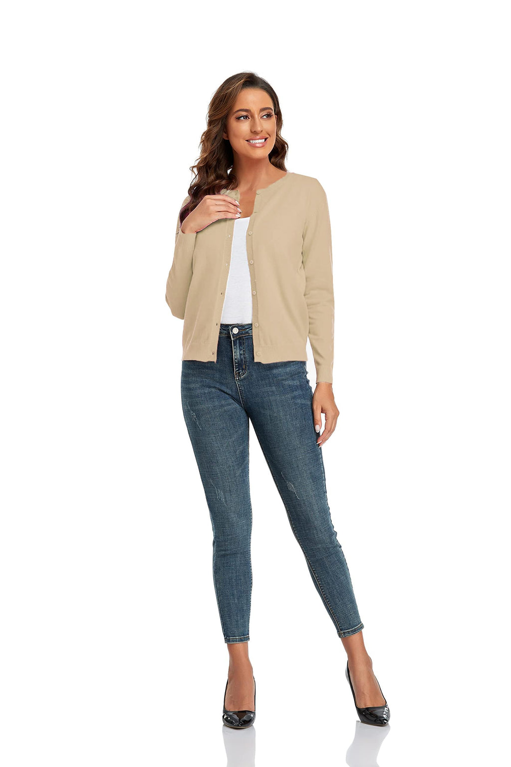 CUNYI Women's Crew Neck Cardigan Long Sleeve Sweater for Women Button Down Soft Knit Ladies Cardigan Sweates Coat
