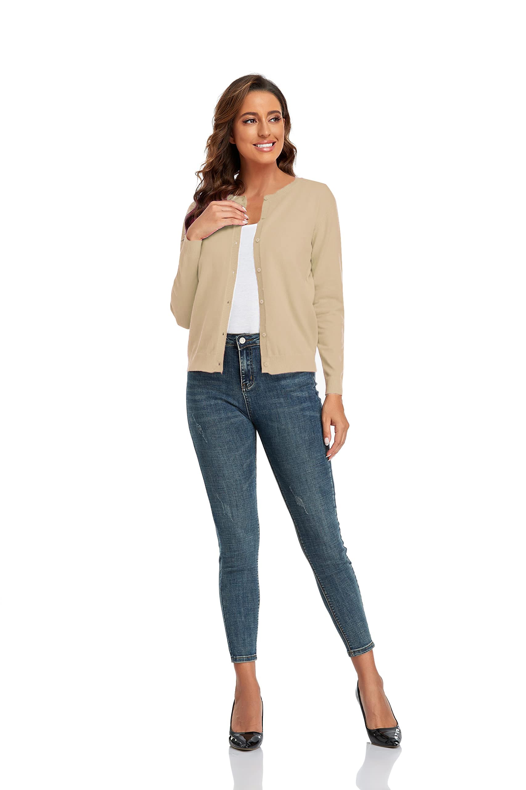 CUNYI Women's Crew Neck Cardigan Long Sleeve Sweater for Women Button Down Soft Knit Ladies Cardigan Sweates Coat