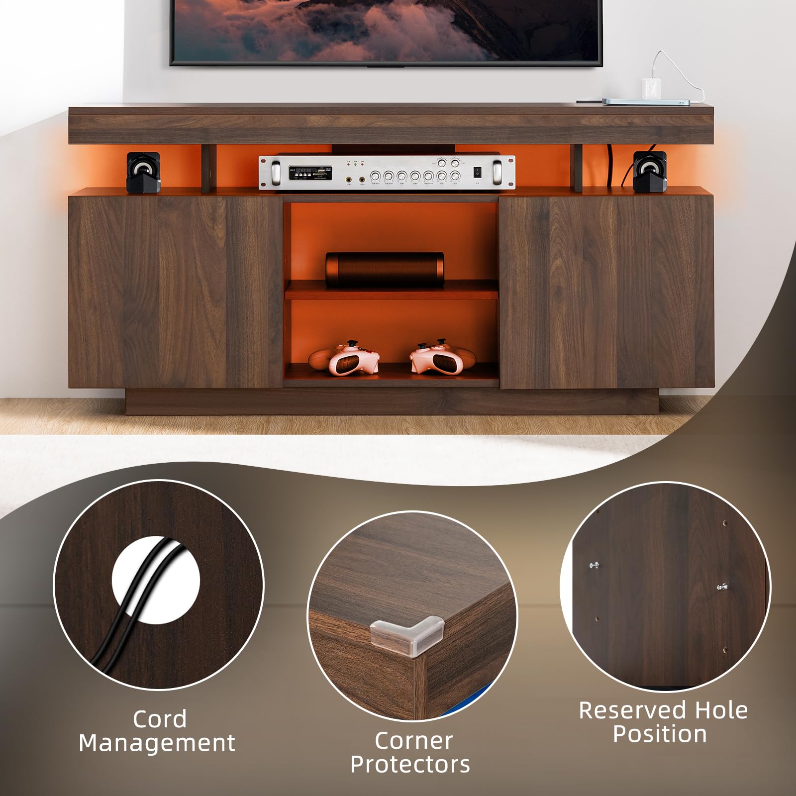HOMMPA Modern LED TV Stand for 55 Inch TV, Black Tall TV Console with Power Outlet, Entertainment Center with Storage, High Gloss Gaming Media Console Cabinet for Living Room (47 Inch)