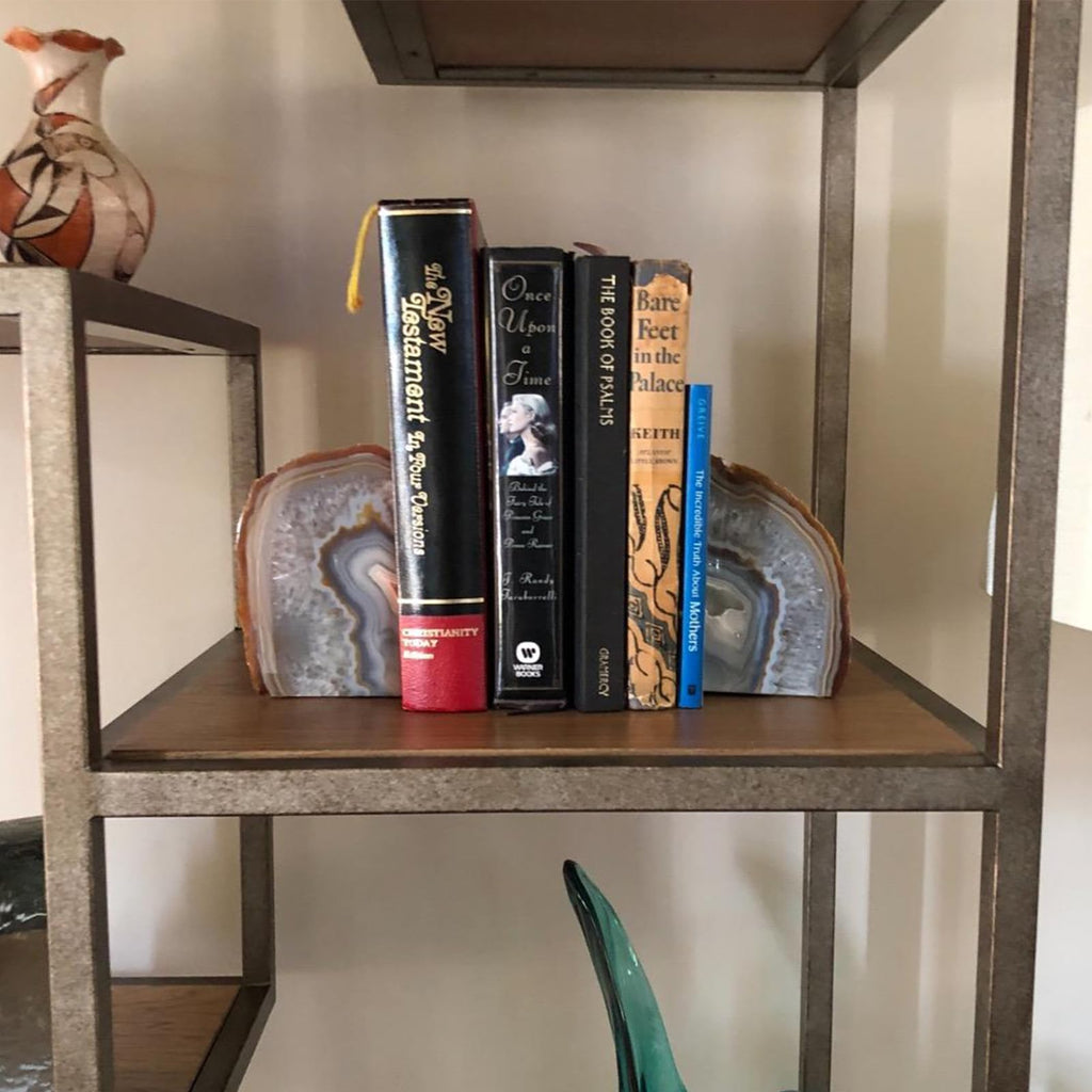 JIC Gem Black Agate Geode Bookends 2-3 Lbs Anti-Slip Rubber Pads Heavy Duty | 1Pair Natural Black Agate Crystal Decor for Shelves & Desk, Unique Small Stone Book Holder Gift for Office & Home Decoration