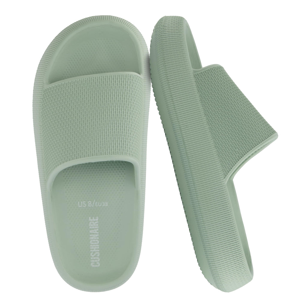CUSHIONAIRE Feather EVA Slides for Women – Comfortable Slip On Womens Slippers, Indoor Outdoor Shower Shoes, Beach Essential Cloud Slides
