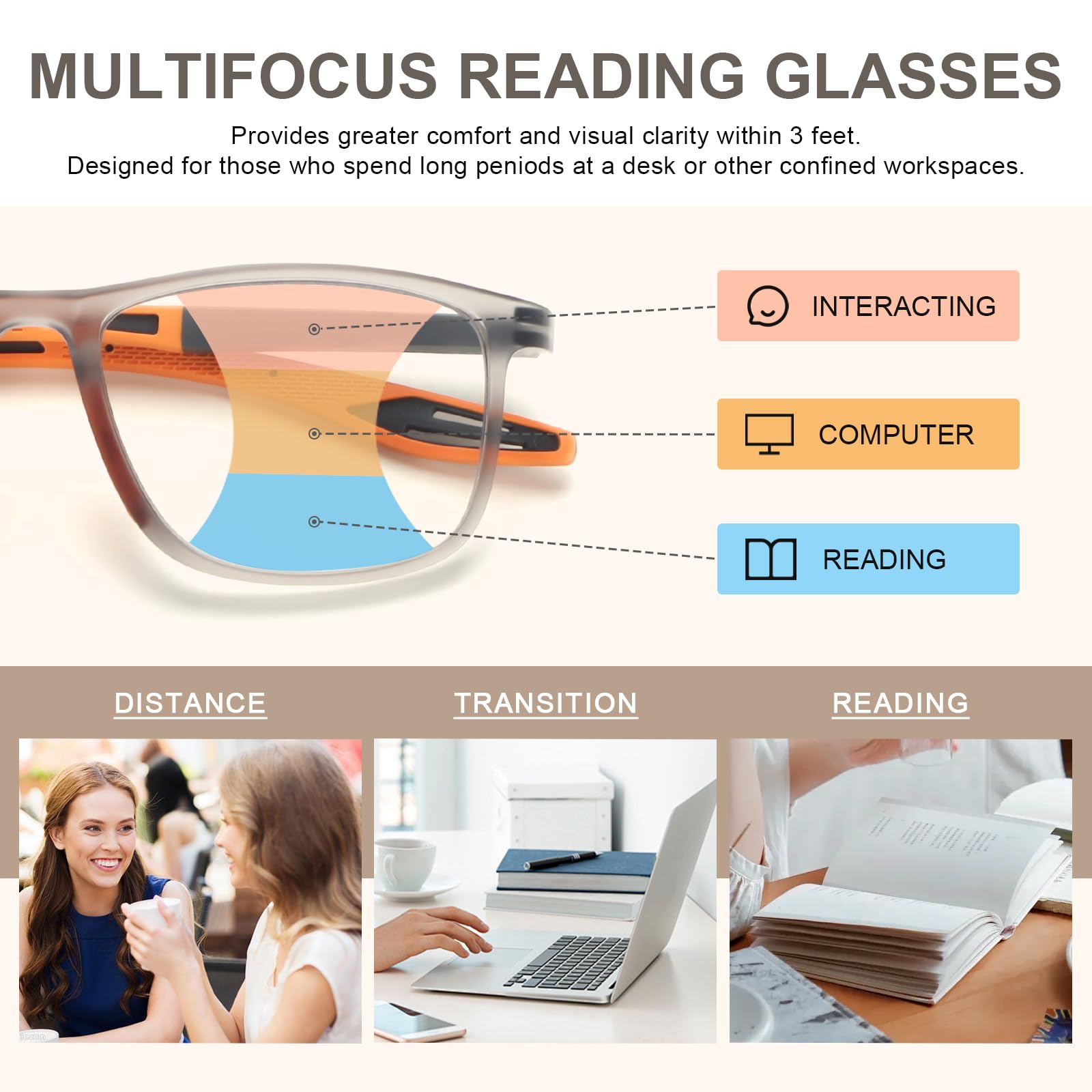 BLOEXCLU 4 Pack Progressive Multifocus Reading Glasses for Men Women TR90 Sports Style Anti-Blue Light Computer Readers