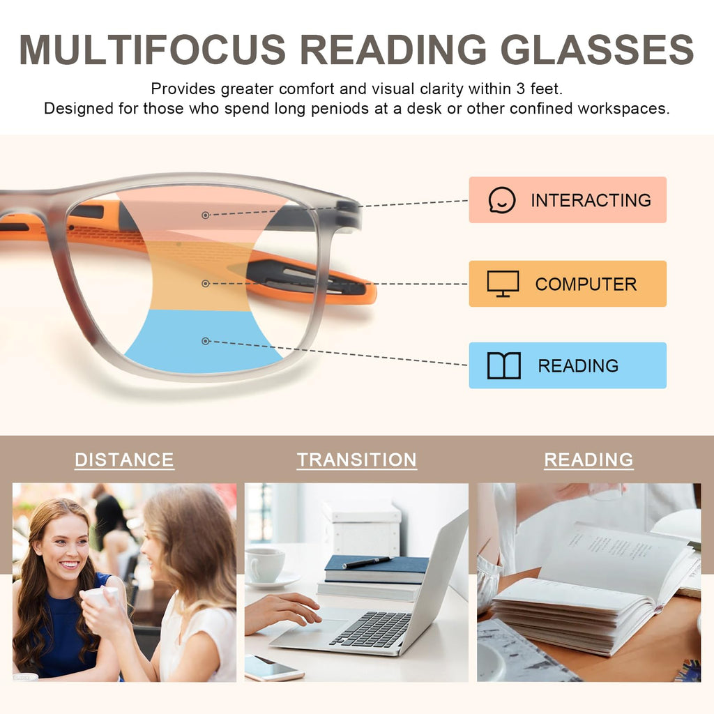 BLOEXCLU 4 Pack Progressive Multifocus Reading Glasses for Men Women TR90 Sports Style Anti-Blue Light Computer Readers