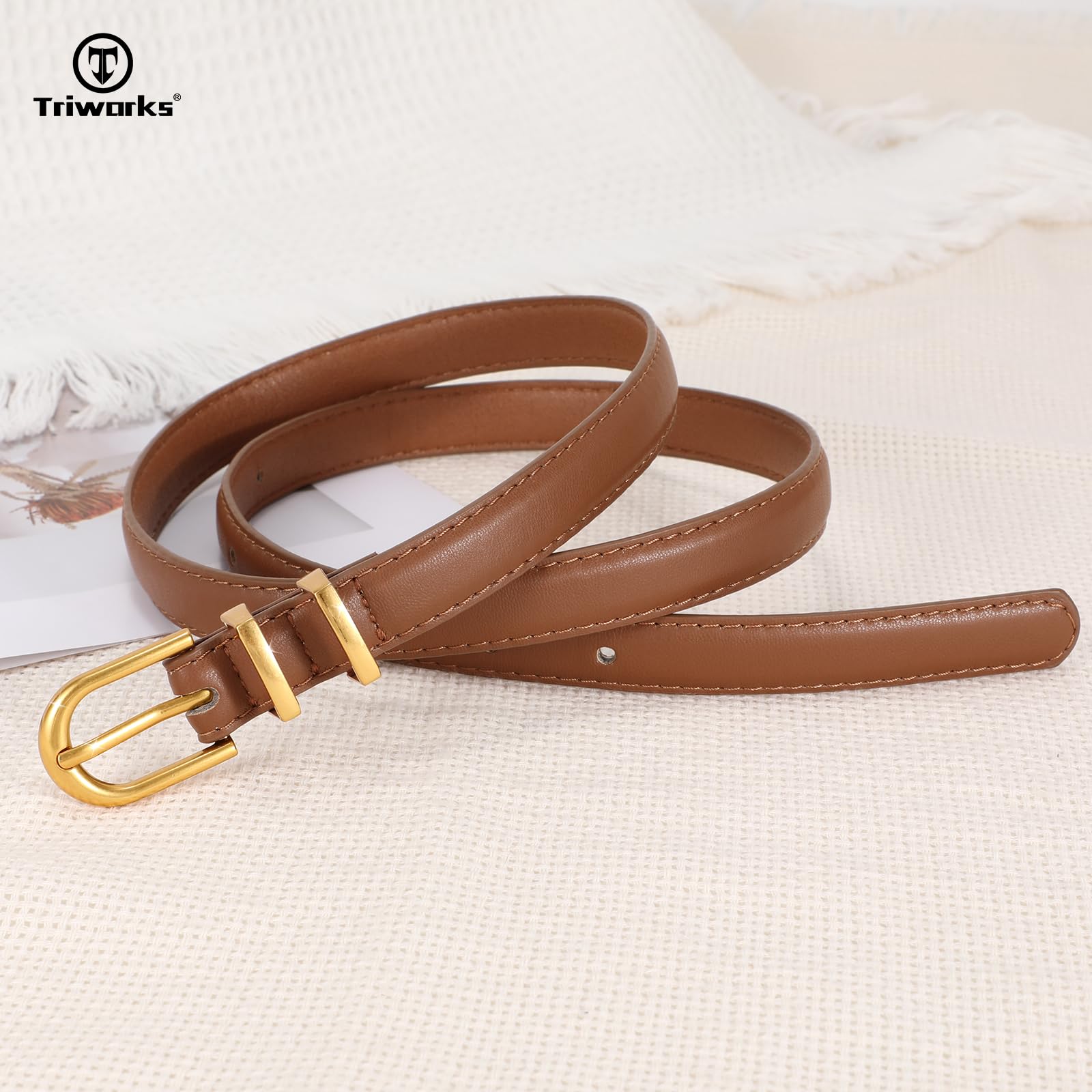 TRIWORKS 2 Pack Women Skinny Leather Belts for Jeans Pants Thin Faux Leather Belt with Gold Buckle