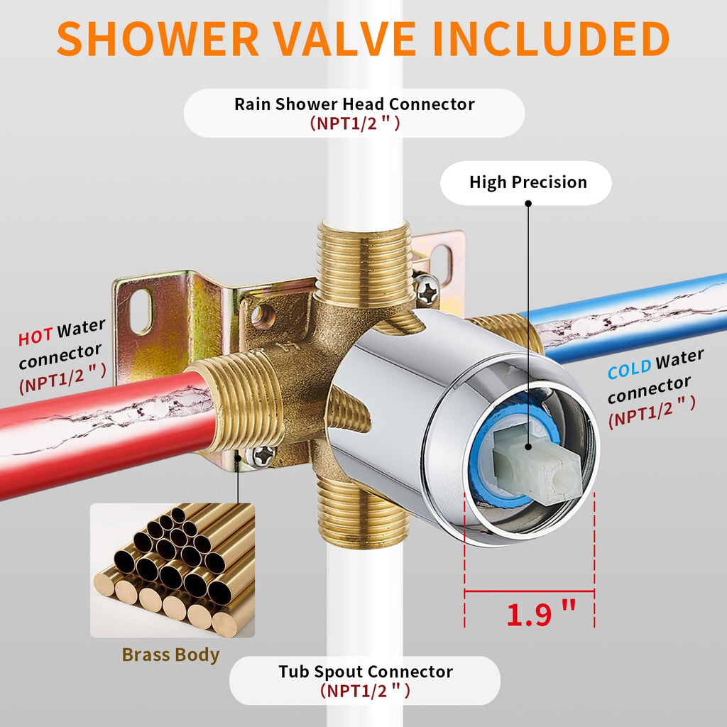 Gold Brushed Tub Shower Faucet Set With 8" Shower Head & Spout