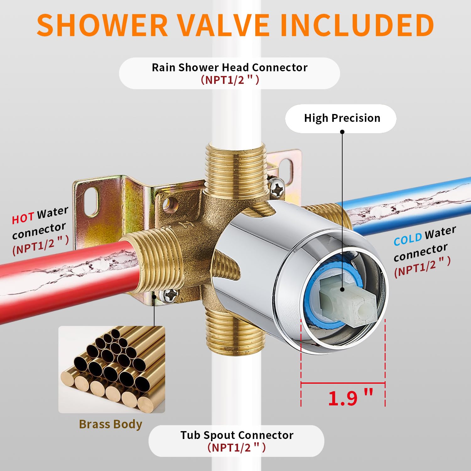 Gold Brushed Tub Shower Faucet Set With 8" Shower Head & Spout