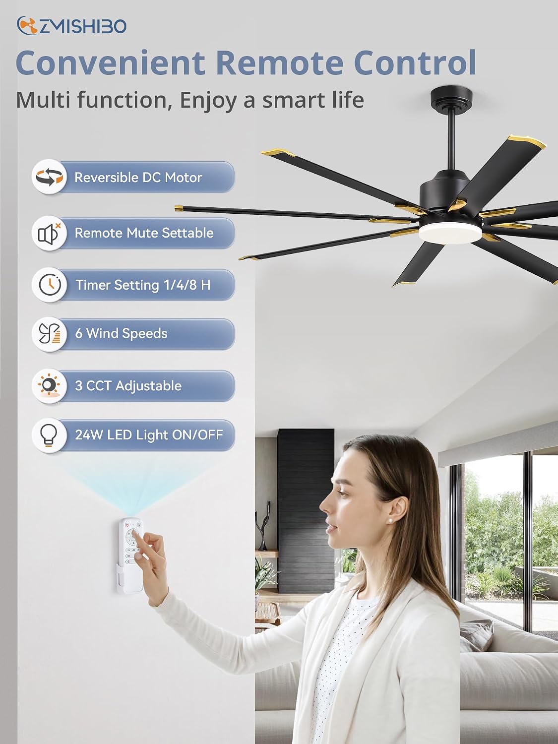 72 inch Aluminium Blade Ceiling Fans with Lights and Remote, Outdoor Ceiling Fans for Patio Living Room with Quiet DC Motor, 6 Speed Reversible, 3 CCT, Black and Gold Industrial Ceiling Fan, 8 Blades