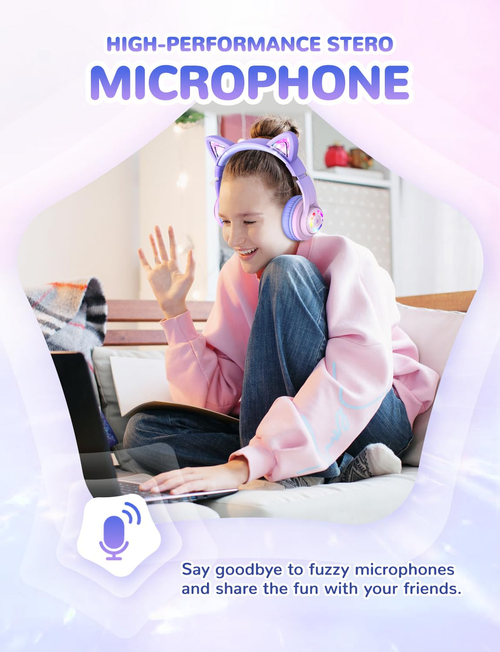 iClever Cat Ear Kids Bluetooth Headphones, LED Lights Up, 74/85dBA Safe Volume Limited, 50H Playtime,Bluetooth 5.2, USB C,Kids Headphones Wireless Over Ear for Travel iPad Tablet, Meow Macaron-Purple