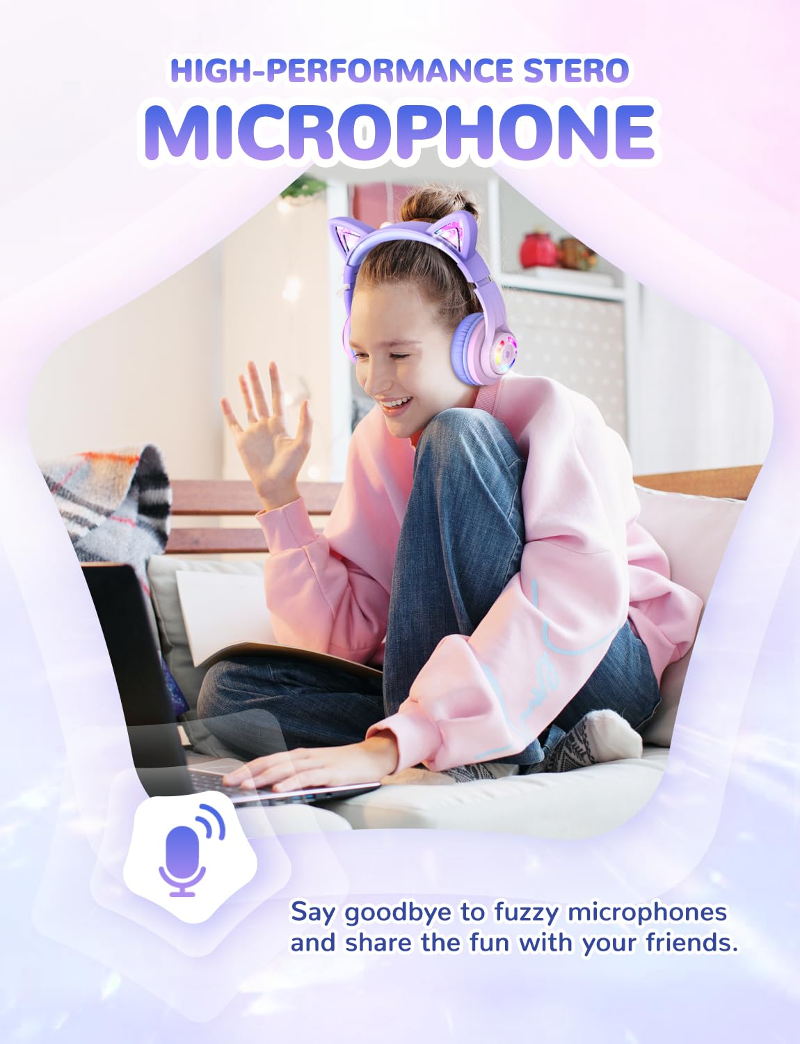 iClever Cat Ear Kids Bluetooth Headphones, LED Lights Up, 74/85dBA Safe Volume Limited, 50H Playtime,Bluetooth 5.2, USB C,Kids Headphones Wireless Over Ear for Travel iPad Tablet, Meow Macaron-Purple