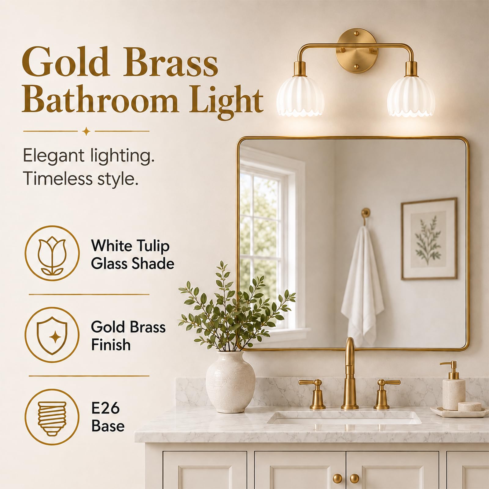 1-Light Gold Brass Bathroom Light Fixture,Wall Sconces set of 2,Brushed Gold Vanlity Light Over Mirror,Bathroom Vanity Light with White Tulip Glass Flower Shade,E26 Socket(Bulbs Not Included)