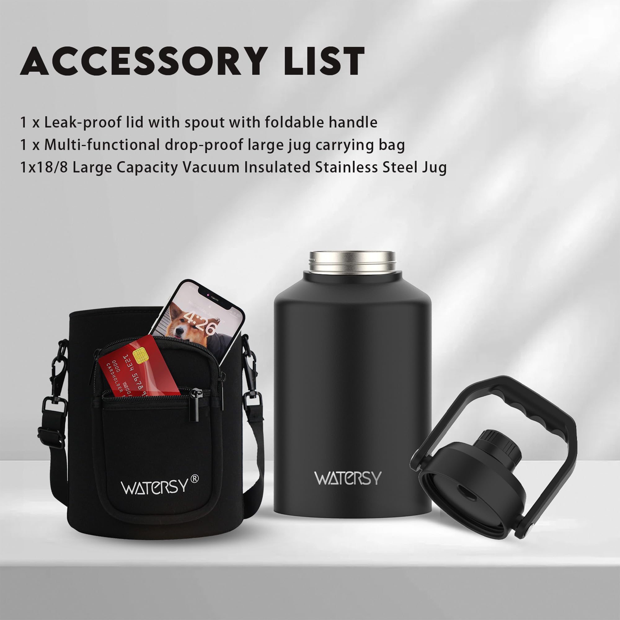 WATERSY Half Gallon Water Bottle Insulated(Cold for 48 Hrs),BPA Free&Leak Proof,64oz Stainless Steel Water Jug/Flask,Big thermo,Large Water Bottle with Handle for Gym,Hiking,Camping,Black