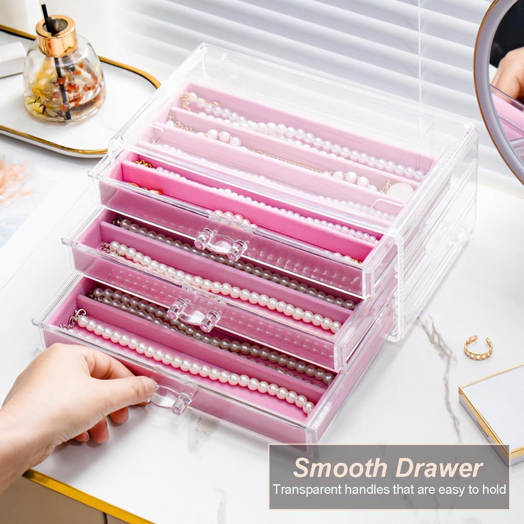 YUFONG Necklace Holder Organizer, Dustproof Necklace Box Velvet Necklace Organizer Box with Lid Clear Acrylic Dustproof Stackable Jewelry Displays for Necklaces Chain Display (Beige, 3 Drawer)