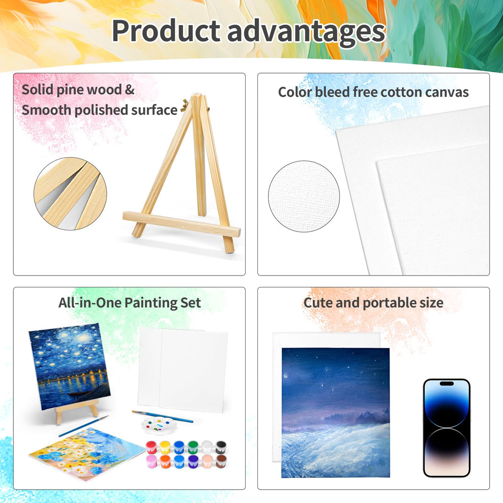 2 Pack 8 * 10In Canvas Boards for Painting, Art Canvas for Drawing with 4 Brushes & 2Paint Trays & 4 Acrylic Paint, Mini Painting Canvas with Easel Set, Painting Kits for Adults Party