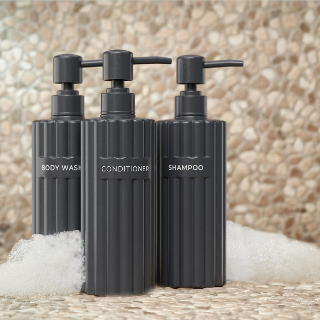 Stylish Shampoo and Conditioner Dispenser Set of 3 - Modern 19oz Shower Soap Bottles with Pump and Labels - Easy to Refill Body Wash Dispensers for an Instant Bathroom Decor Upgrade