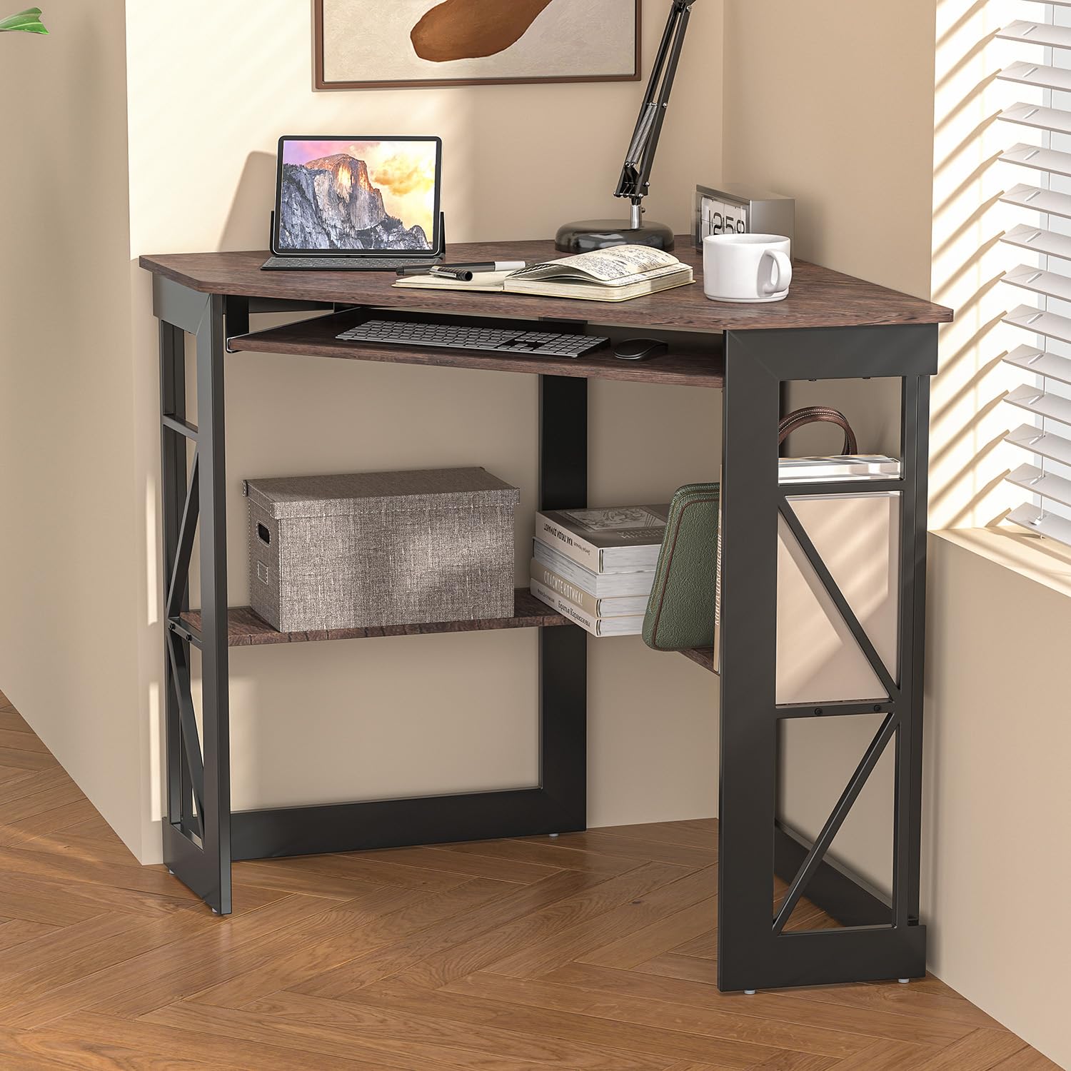 VECELO Corner Desk Computer Desk Writing Table with Smooth Keyboard Tray & Storage Shelves,Compact Home Office Triangle Table,Antique Brown