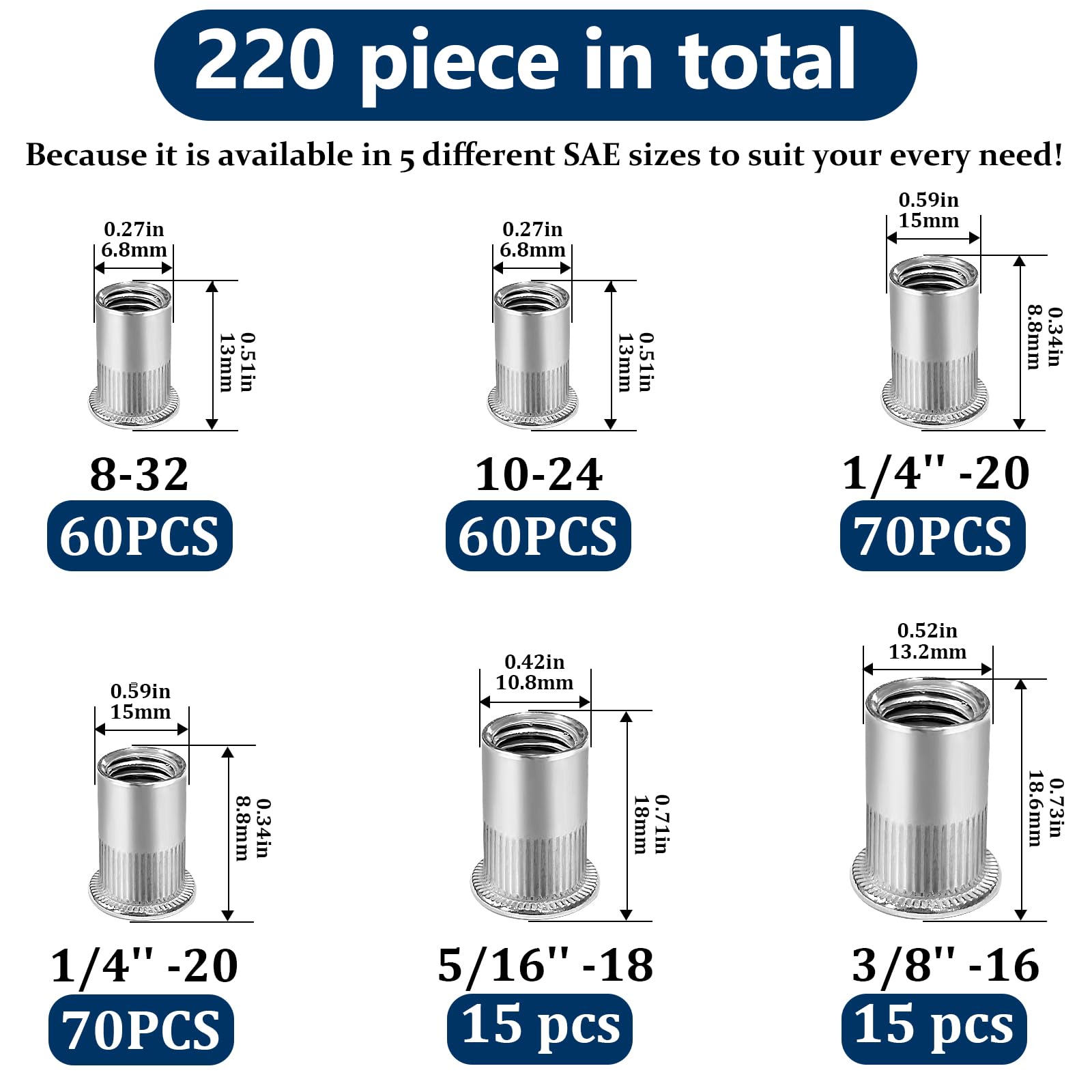 1/2''-13 UNC Rivet Nut, 10Pcs 304 Stainless Steel Flat Head Rivnut Threaded Insert Nutsert