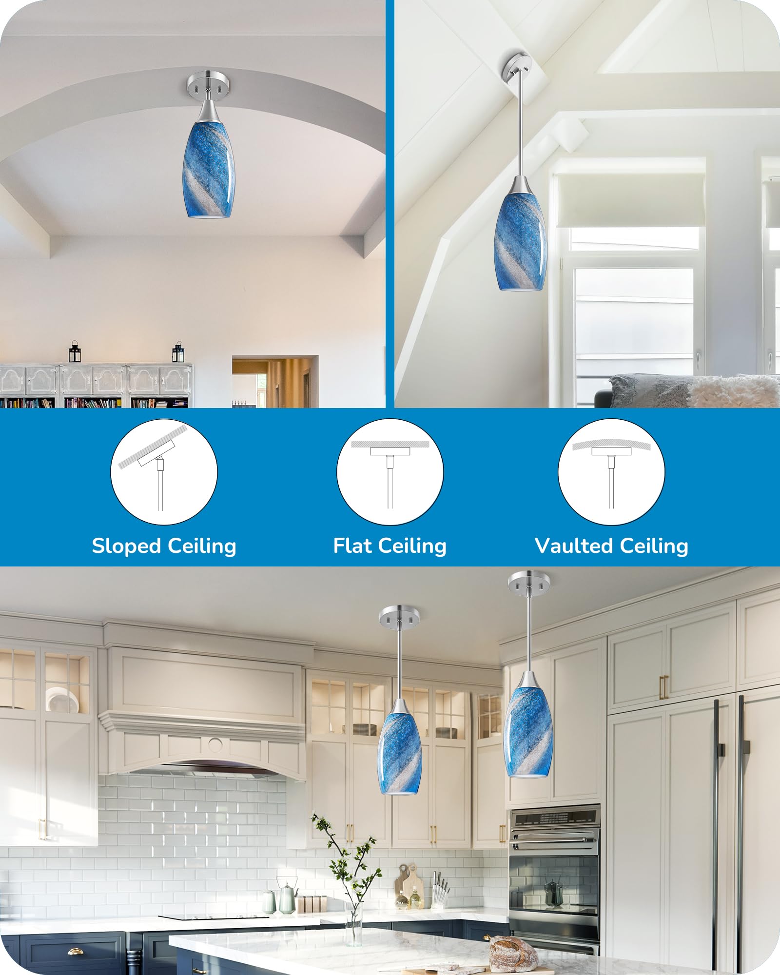 EDISHINE Pendant Light, Hand Blown Hanging Light Fixture, Adjustable Brushed Nickel Rods, 5.12" D x 11.4" H Shade, Blue Glass Pendant Lighting for Kitchen Island, Sink, Bathroom, Dining Room