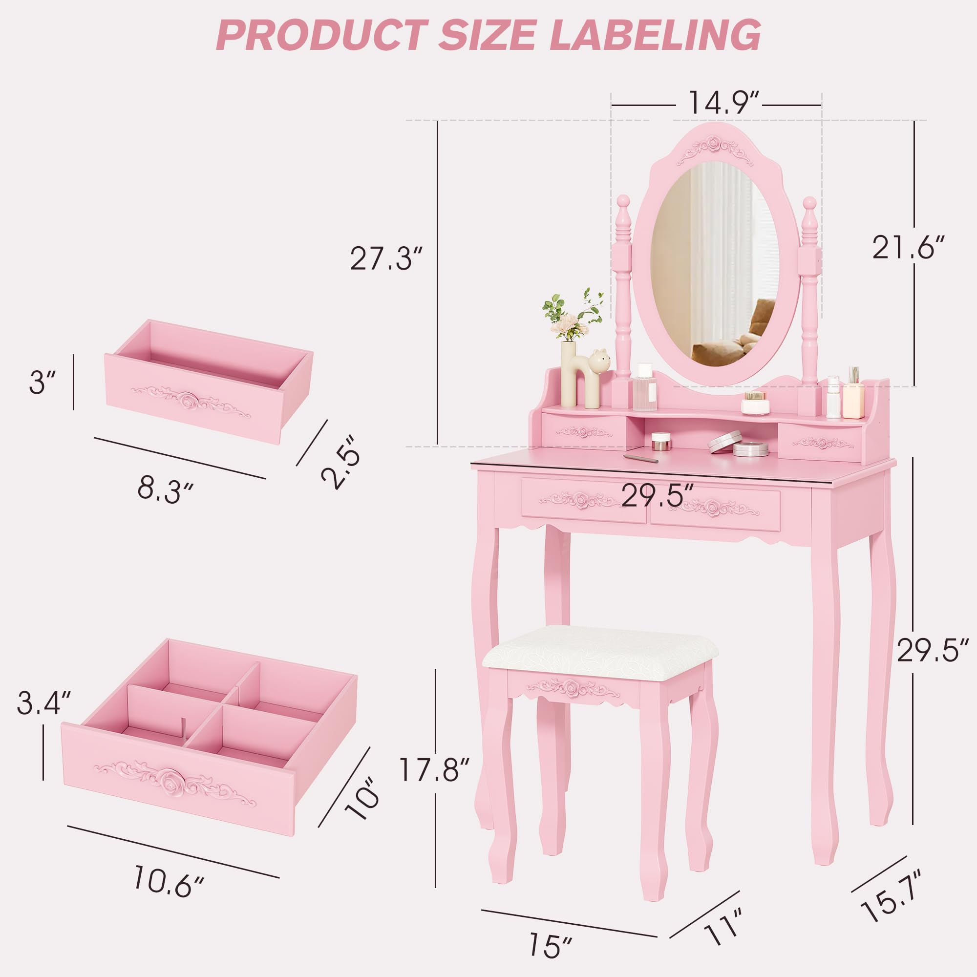 Alohappy Vanity Desk Set with Mirror & Stool for Girls, Makeup Vanity Table and Cushioned Stool Set with 4 Drawers, Wood Dressing Table for Bedroom (Pink)
